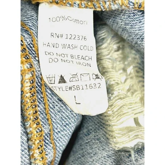 Mustard Seed Women L Destructed Denim Blue Jacket Long Jean Button Up Biker R4 - Picture 12 of 12